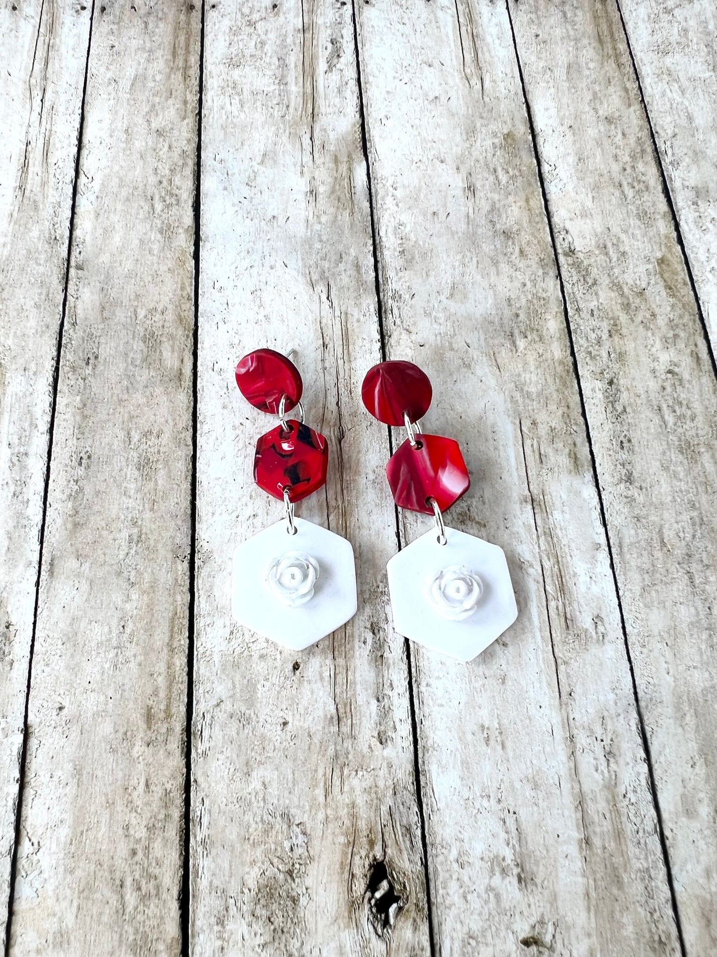 Red Marble n White Flower Hex Pierced Earrings