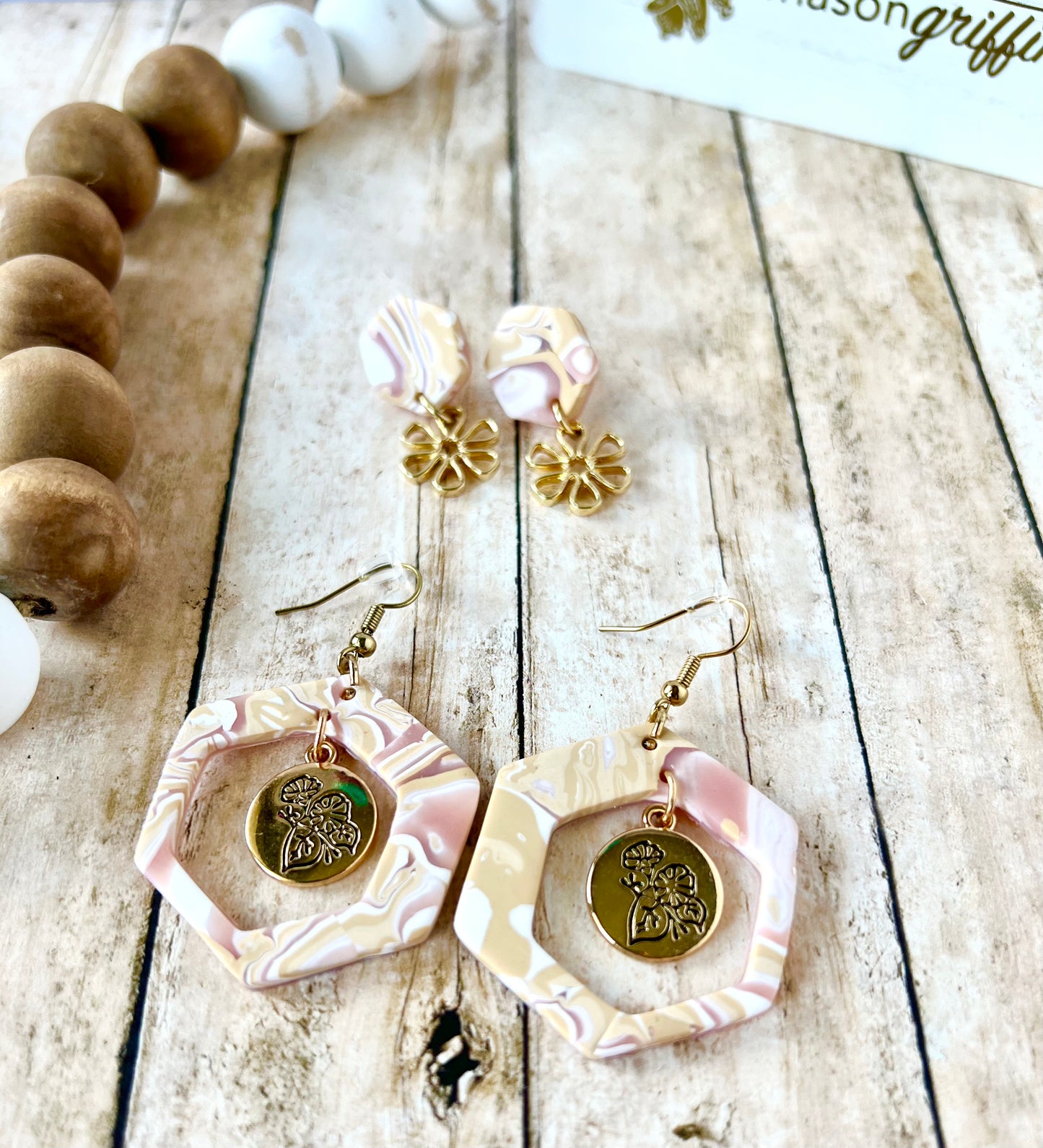 Neutral Marble Hex Cutout Floral Gold Drop Disk Pierced Earrings