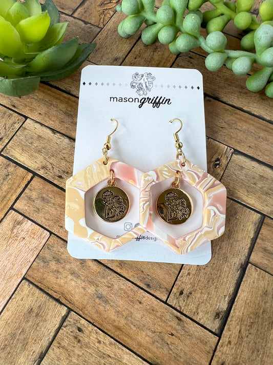 Neutral Marble Hex Cutout Floral Gold Drop Disk Pierced Earrings